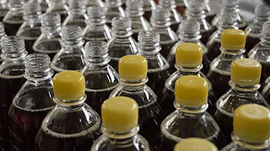 Plastic bottles in an assembly line.
