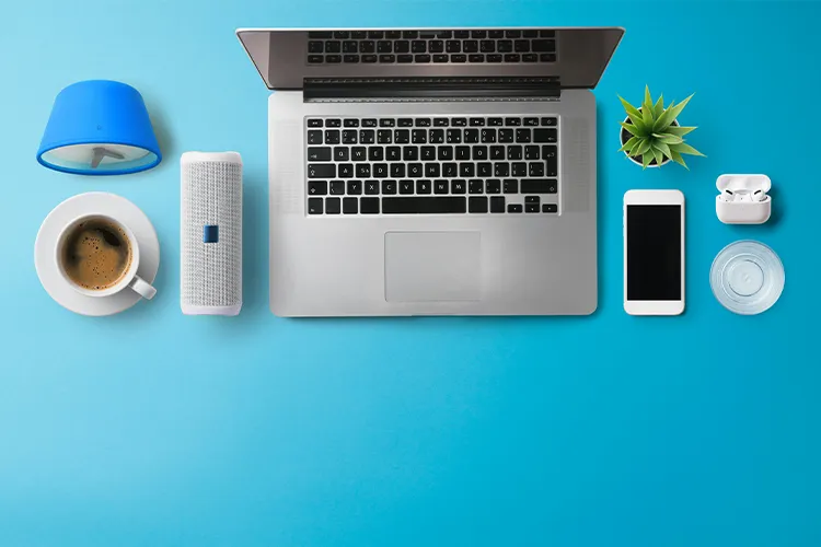 Blue desk with school supplies on the top