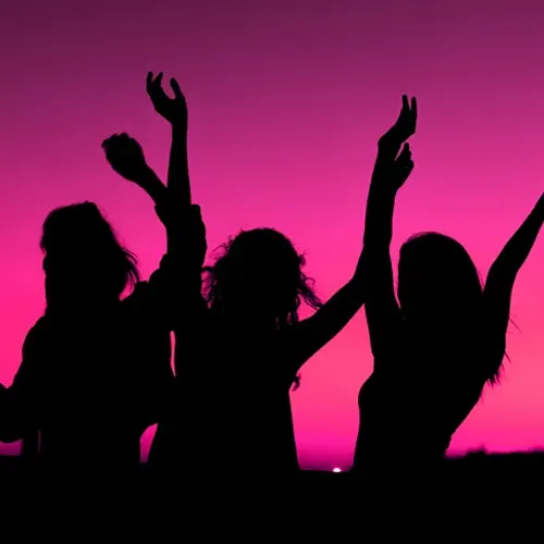 Women's silhouettes in front of sunset.