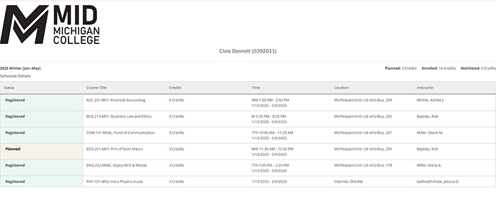 screen showing schedule produced by the print button