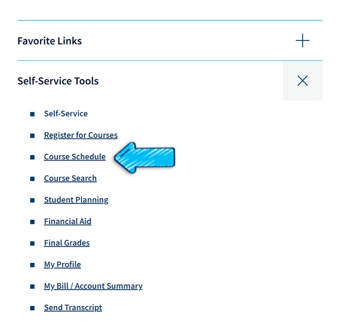 self-service links - course schedule link highlighted by arrow