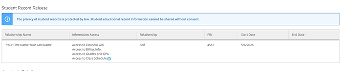 student account ferpa release screen